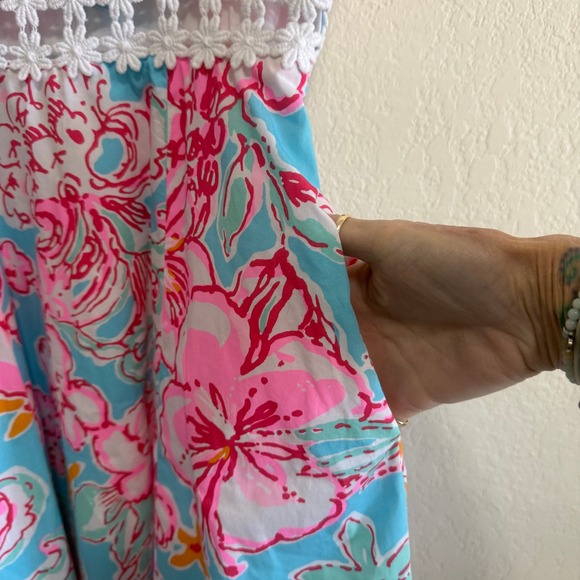 Lilly Pulitzer Blue Pink Floral Flare Dress Spaghetti Straps Crochet Waist Sz 00 - Picture 4 of 12